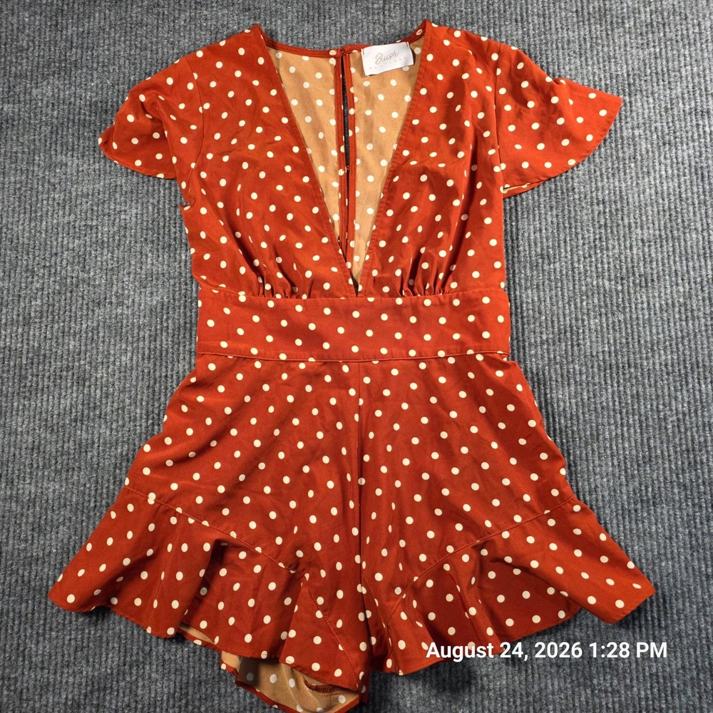 Blush Boutique Burnt Orange Polka Dot Ruffle Romper V-Neck Smocked Back Large